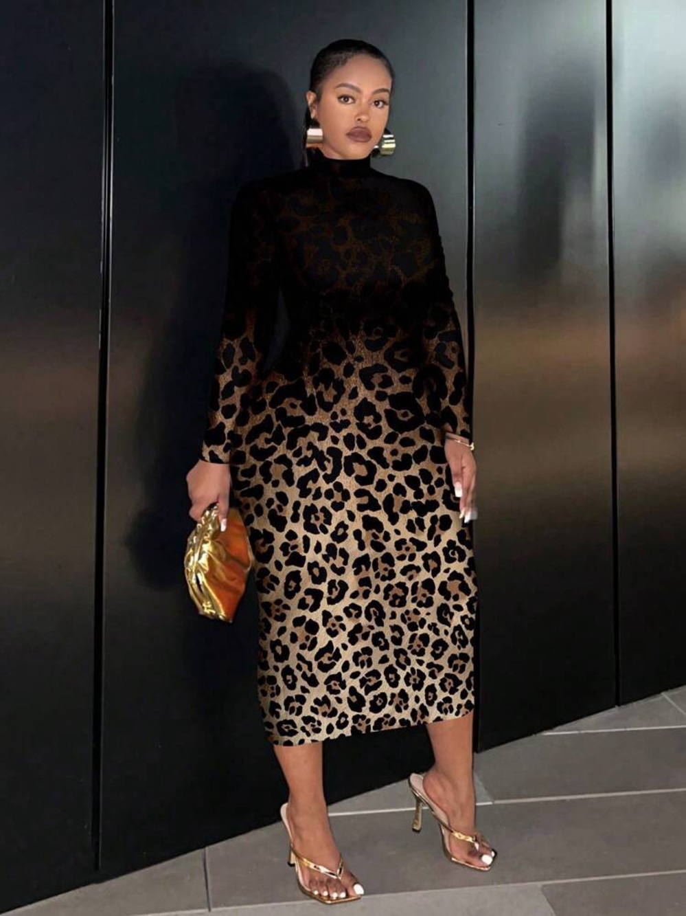 Elegant Black & Brown Leopard Midi Dress